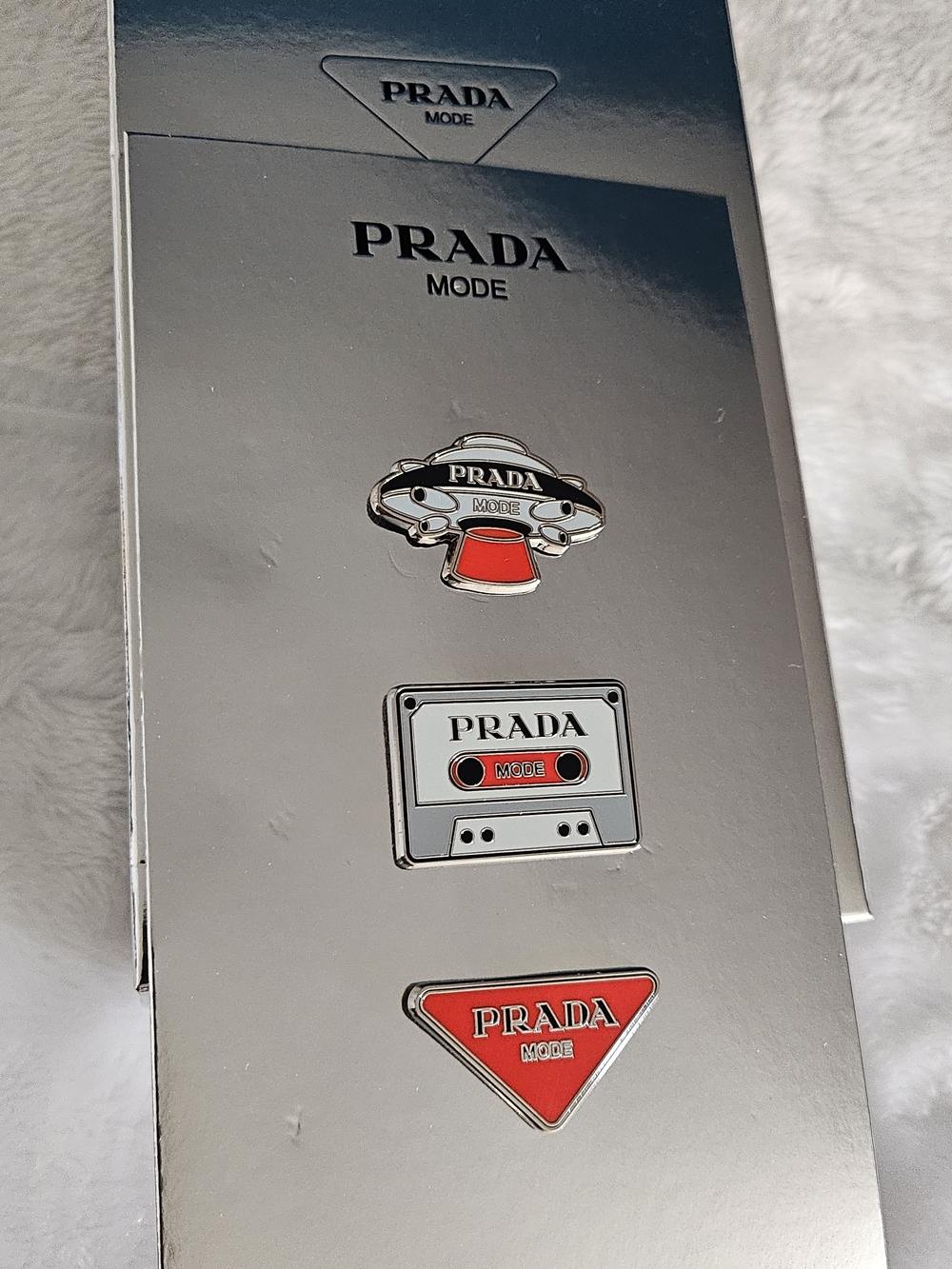 Prada Silver and Red Enamel Logo Pin Set